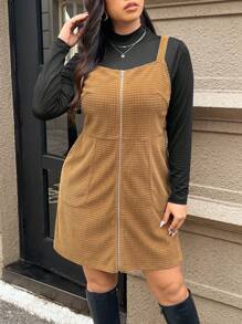 SHEIN Frenchy 2pcs Plus Size Women Fall Clothes,Airport Outfit,Fall Clothes,Spring & Fall Casual Solid Color Stand Collar Long Sleeve Top And Corduroy Overall Dress Set