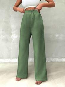 SHEIN Women's Casual Pants With Solid Color Drawstring Waist And Loose Fit With Slant Pockets