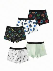 5pcs/Pack Tween Boys Simple Black, White, Gray Allover Print Gaming Element Breathable Briefs