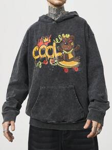 Manfinity LEGND 男式针织牛仔褪色灰色毛绒羊毛街头服饰熊图案宽松套头衫 - 淺灰色 - 查看 3