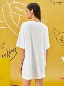 TOM & JERRY X SHEIN 女士卡通印花超大宽松睡袍，可爱白色睡裙 - 白色 - 查看 2