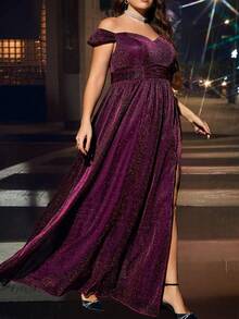 Plus Size Off Shoulder Zipper Back Pleated Elegant Bridesmaid Dress - Hot Pink - View 5