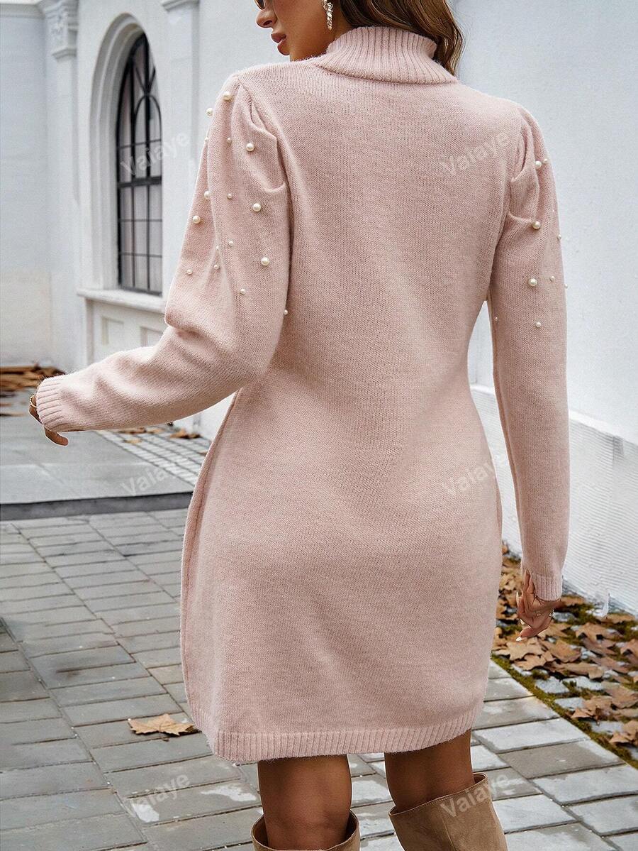 Women Pearl Decor Stand Collar Long Sleeve Elegant Knit Sweater Dress