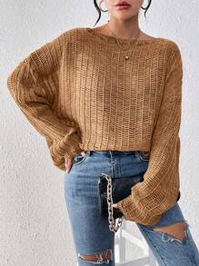 SHEIN EZwear 女士休闲宽松圆领长袖上衣 - 卡其色 - 查看 5