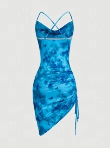 Firerie 优雅度假垂坠领口不对称下摆收腰花卉印花紧身迷你吊带背心连衣裙 - 藍色 - 查看 2