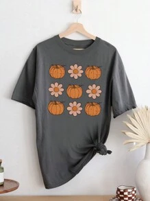 SHEIN LUNE Plus Size Women Halloween Pumpkin & Floral Printed Round Neck Short Sleeve T-Shirt,Summer/Fall Clothes - Dark Grey - View 3