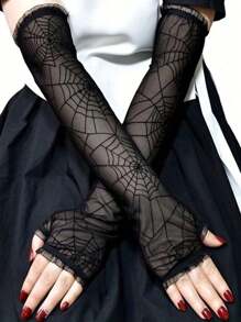 1 par de luvas de renda com padrão de aranha Y2K, luvas pretas translúcidas sem dedos, luvas góticas decorativas de Halloween para mulheres, luvas de malha, acessórios para fantasias de cosplay para festas de fim de ano - Preto - Ver 1