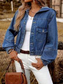 SHEIN LUNE Women's Spring & Fall Long Sleeve Hooded Denim Jacket With Pockets - Blue - View 1