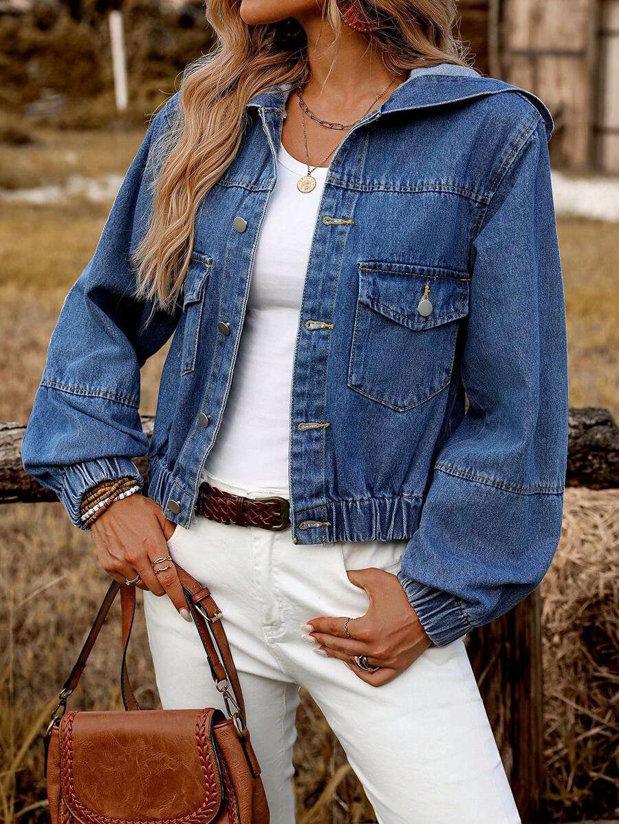 SHEIN LUNE Women's Spring & Fall Long Sleeve Hooded Denim Jacket With Pockets - Blue - View 1