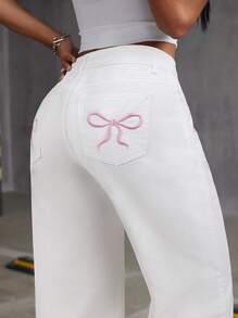 SHEIN ICON Embroidered Bow Distressed White Denim Jeans - White - View 6