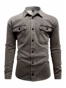 Manfinity Homme Plus Size Men's Fall Khaki Button Up Pocket Patched Denim Casual Shirt - Khaki - View 1