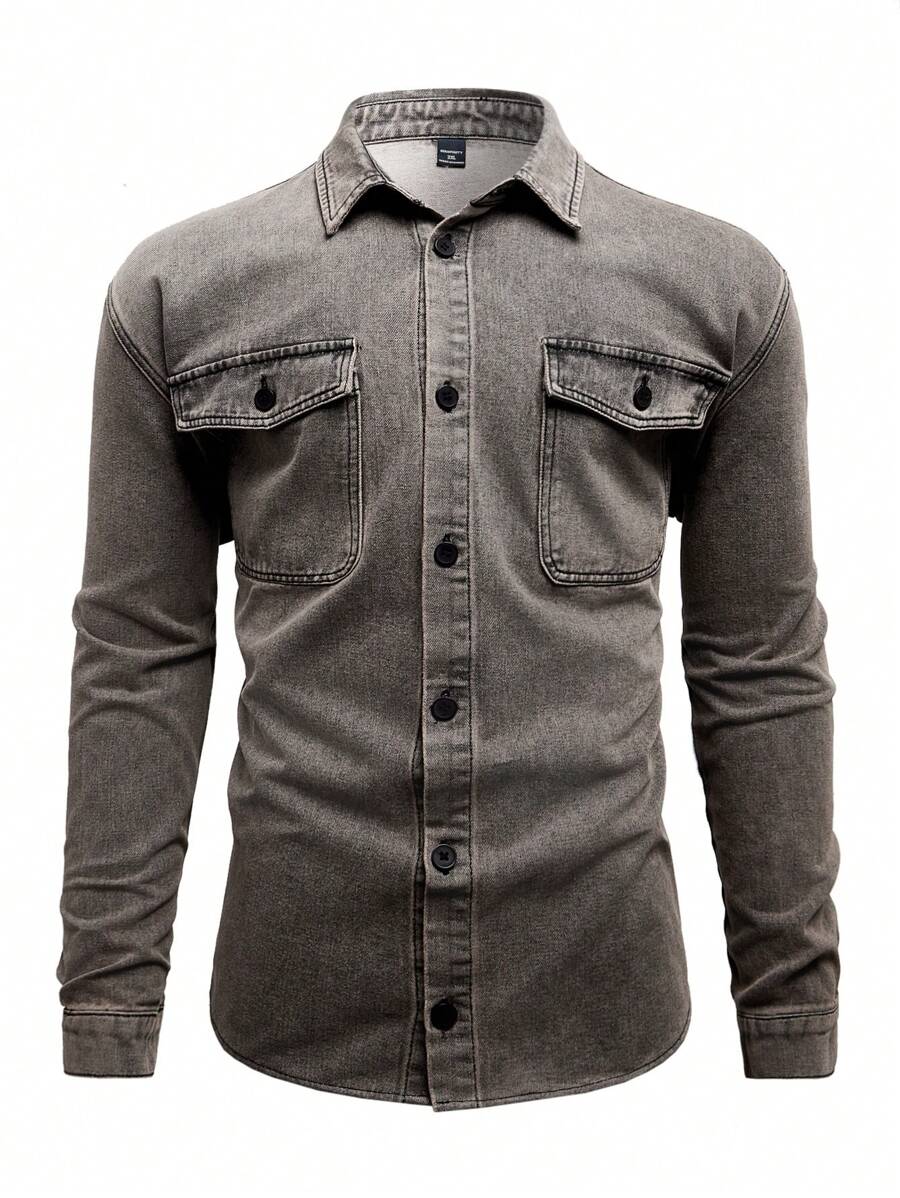 Manfinity Homme Plus Size Men's Fall Khaki Button Up Pocket Patched Denim Casual Shirt - Khaki - View 1