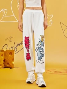 TOM & JERRY X SHEIN Women's Casual Cartoon & Letter Print Elastic Waist Jogger Sweatpants FALL Trousers White - White - View 6