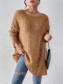 SHEIN EZwear 女士休闲宽松圆领长袖上衣 - 卡其色 - 查看 4