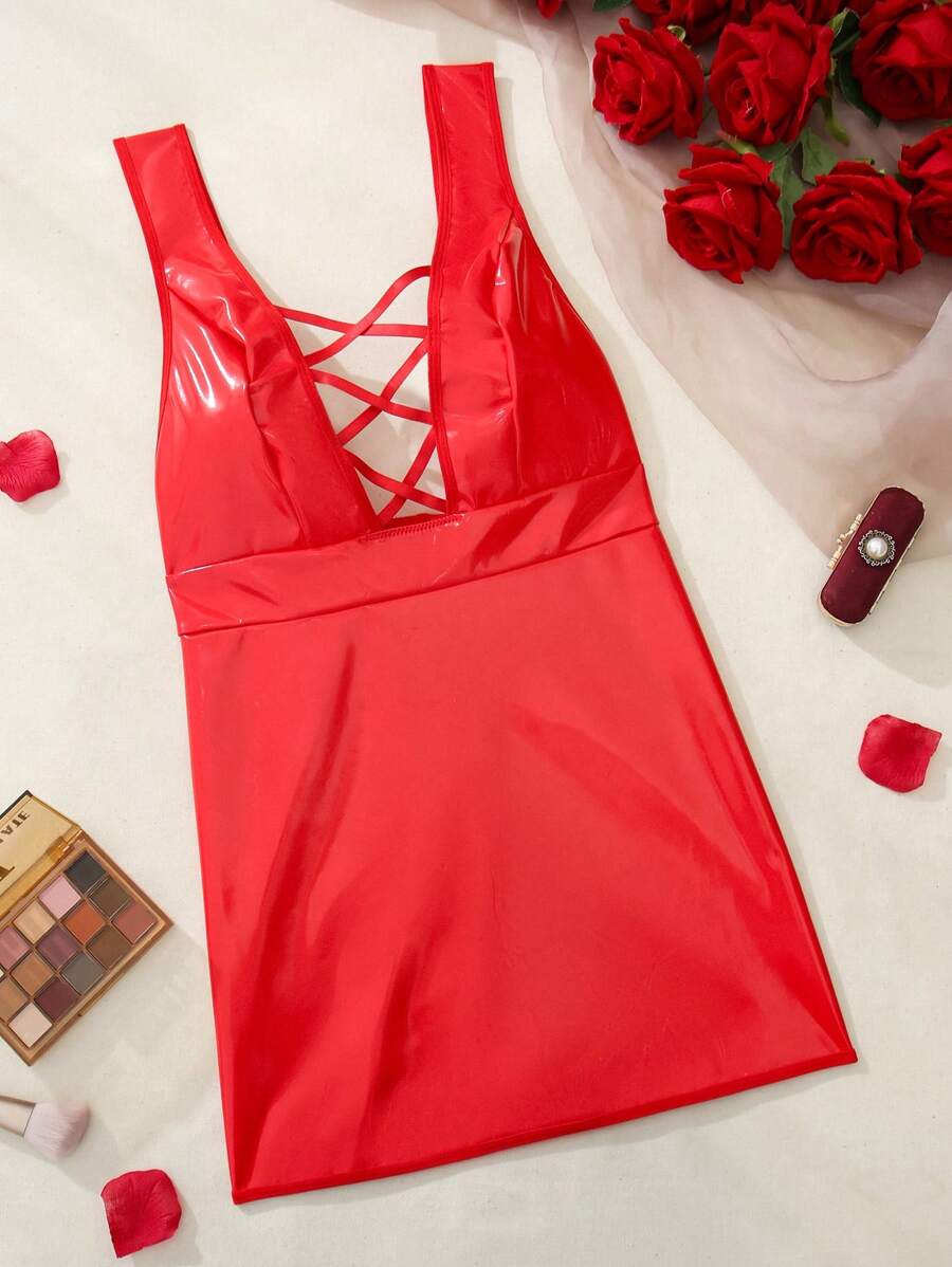 SHEIN 性感交叉后背和交叉带 PU 材质女式性感连衣裙 - 紅色 - 查看 1
