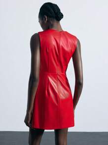 Maija PU Leather Eyelet Decor Sleeveless Round Neck Fashionable Red Short Dress For Women, Spring/Summer