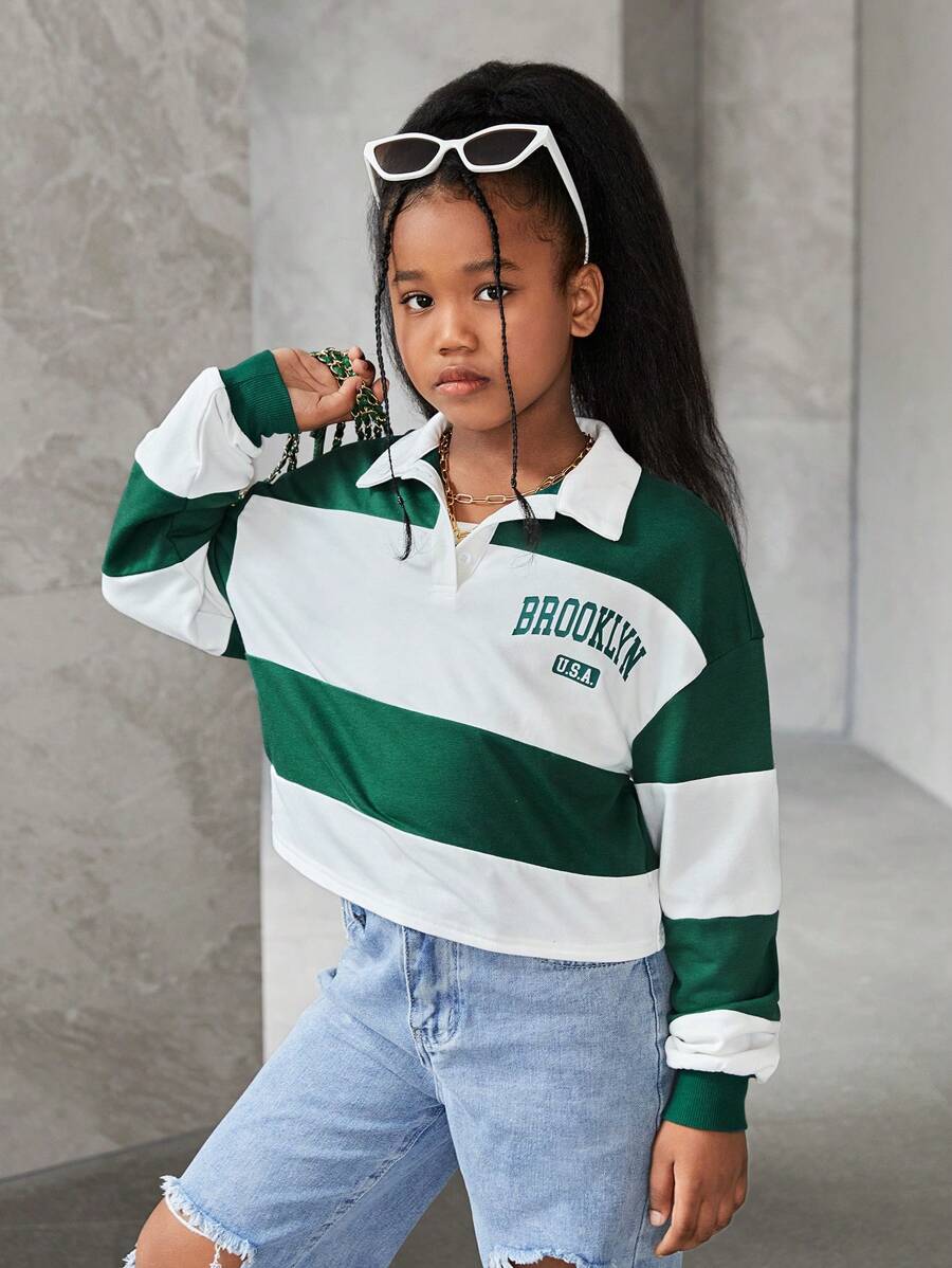 SHEIN NovaGlow Tween Girl Tween Girl Loose Casual Color Block Shirt Collar Letter Print Sweatshirt,In Fall/Winter