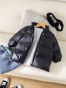 SHEIN Baby Boys/Girls Unisex Thick Padded Stand Collar Mid-Length Padded Coat With Oblique Shoulder Bag, Casual Winter Set - Black - View 3