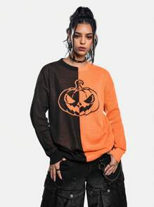 Sonchs Curiosities Artist Women's Pumpkin Pattern Drop Shoulder Crew Neck Long Sleeve Sweater Top, For Holiday, Vacation, Going Out, Festival, Ibiza Fits - Orange - View 3