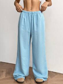 SHEIN EZwear 女士条纹休闲阔腿宽松抽绳腰裤 - 藍色 - 查看 6