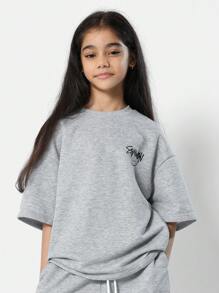 SUMWON Tween Girls Oversized Fit Drop Shoulder And Straight Fit Jogger 2 Piece Set Vacation - Light Grey - View 3