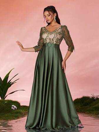 Mgiacy V-Neck Embroidered Lace Patchwork Long Sleeve Satin Dress, Elegant Bridesmaid Dress