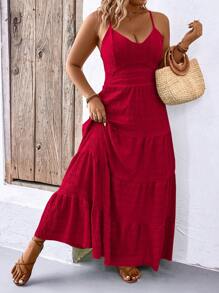 Breezaya Plus Size Boho Solid Color Ruffle Hemline Backless Spaghetti Strap Sleeveless Dress For New Year Maxi Women Outfit, For Summer
