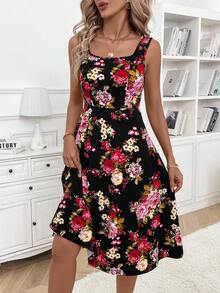 SHEIN Clasi Women's Floral Print Sleeveless Square Neck A-Line Dress - Black - View 6