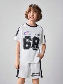 SHEIN Conjunto de 2 piezas para niño preadolescente con camiseta de manga corta con estampado gráfico holgada informal y pantalones cortos