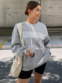 DAZY Women Casual Lace Patchwork Ribbon Decor Sweatshirt,Fall Clothes - Grey - View 5