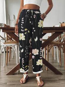 SHEIN LUNE 女款口袋束口寬鬆舒適休閒褲 - 黑色 - 查看 3
