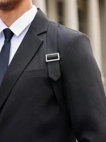 Manfinity Mode 男士纯色简约日常长袖西装外套 - 黑色 - 查看 7