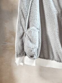 SHEIN Maternity Casual Hooded Drawstring Zip-Up Fluffy Loose Pregnancy Jacket, For Winter - Grey - View 7