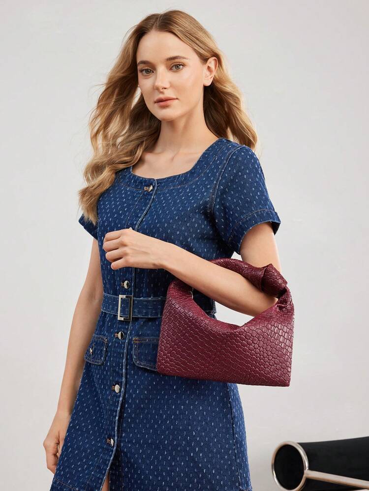 WOMEN'S FASHION SOLID COLOR ELEGANT TEXTURED HANDLE BAG, FASHIONABLE BURGUNDY BAG, VALENTINES