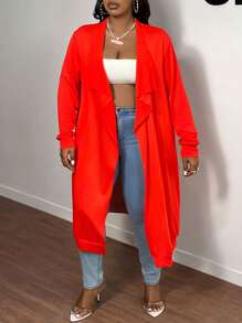 Slaydiva Casual Women Plus Size Solid Color Orange Loose Long Sleeve Cardigan - Orange - View 8