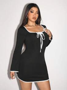 SHEIN ICON Plus Size Long Sleeve Fitted Color Block Flare Dress