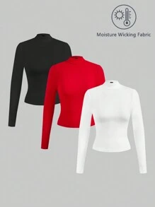 SHEIN EZwear Women's Stand Collar Moisture-Absorbing Heating Long Sleeve T-Shirt - Multicolor - View 2