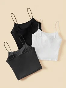 SHEIN Essnce Áo ba lỗ cổ tròn bó sát thoải mái cho nữ mùa hè thoáng khí cơ bản áo hai dây nữ áo ngực miễn phí áo ba lỗ, gói 3 - Màu xám đen - Xem 2