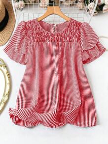 SHEIN LUNE Blusa holgada de mujer talla grande de manga corta con volantes, cuello redondo y diseño a cuadros para ropa de Año Nuevo