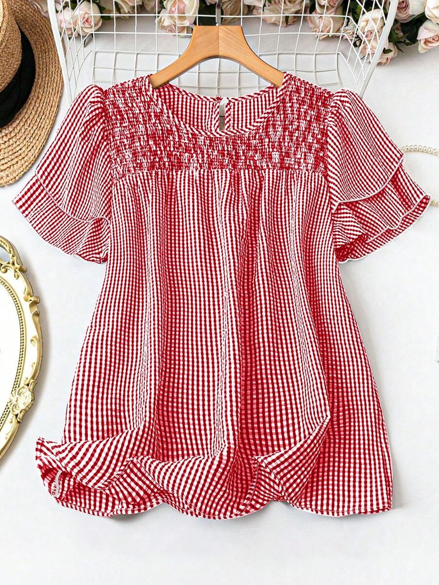 DreamSkyne Plus Size Women's Summer Plaid Round Neck Ruffle Short Sleeve Loose Blouse For New Year Clothes - Red - View 1