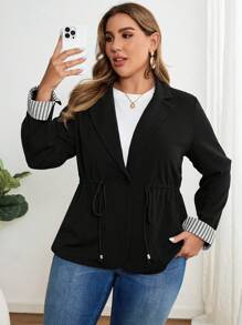 EMERY ROSE Plus Size Casual Drawstring Waist Stand Collar Striped Cuff Blazer Jacket, Fall Clothes - Black and White - View 4