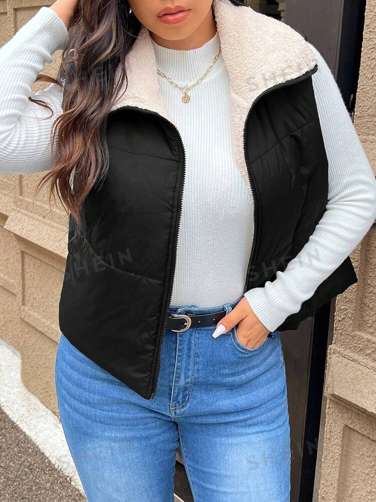 SHEIN Frenchy Plus Size Casual Patchwork Fluffy Lining Quilted Vest SHEIN UK