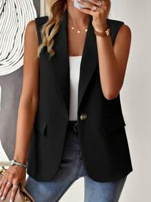 Calvaya Ladies' Solid Color Vest Style Blazer Jacket With Notched Lapel
