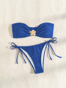 SHEIN Swim 女士金色花卉装饰简约日常抹胸上衣和下装比基尼套装，夏季泳衣 - 藍色 - 查看 6
