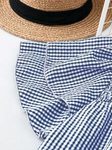 DreamSkyne Plus Size Women's Checkered Round Neck Ruffle Short Sleeve Loose Shirt, Summer - Blue - View 3