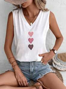 EMERY ROSE Casual Heart Pattern V-Neck Regular Fit Women Tank Top, Suitable For Summer Spring - White - View 4