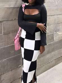 女士温暖针织格子长裙高开叉，性感舒适 - 黑與白 - 查看 7