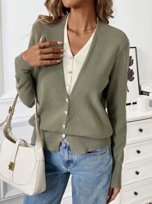 Chiquease Simple Style Colorblock Button-Up Knitted Cardigan - Multicolor - View 1