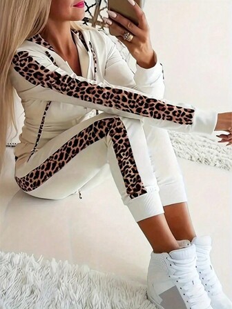 2pcs Women's Casual Leopard Print Zipper Hoodie And Sweatpants Outfit, Autumn/Winter