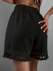 Swim Vcay Summer Beach Tassel Trim Cover Up Shorts - Black - View 2